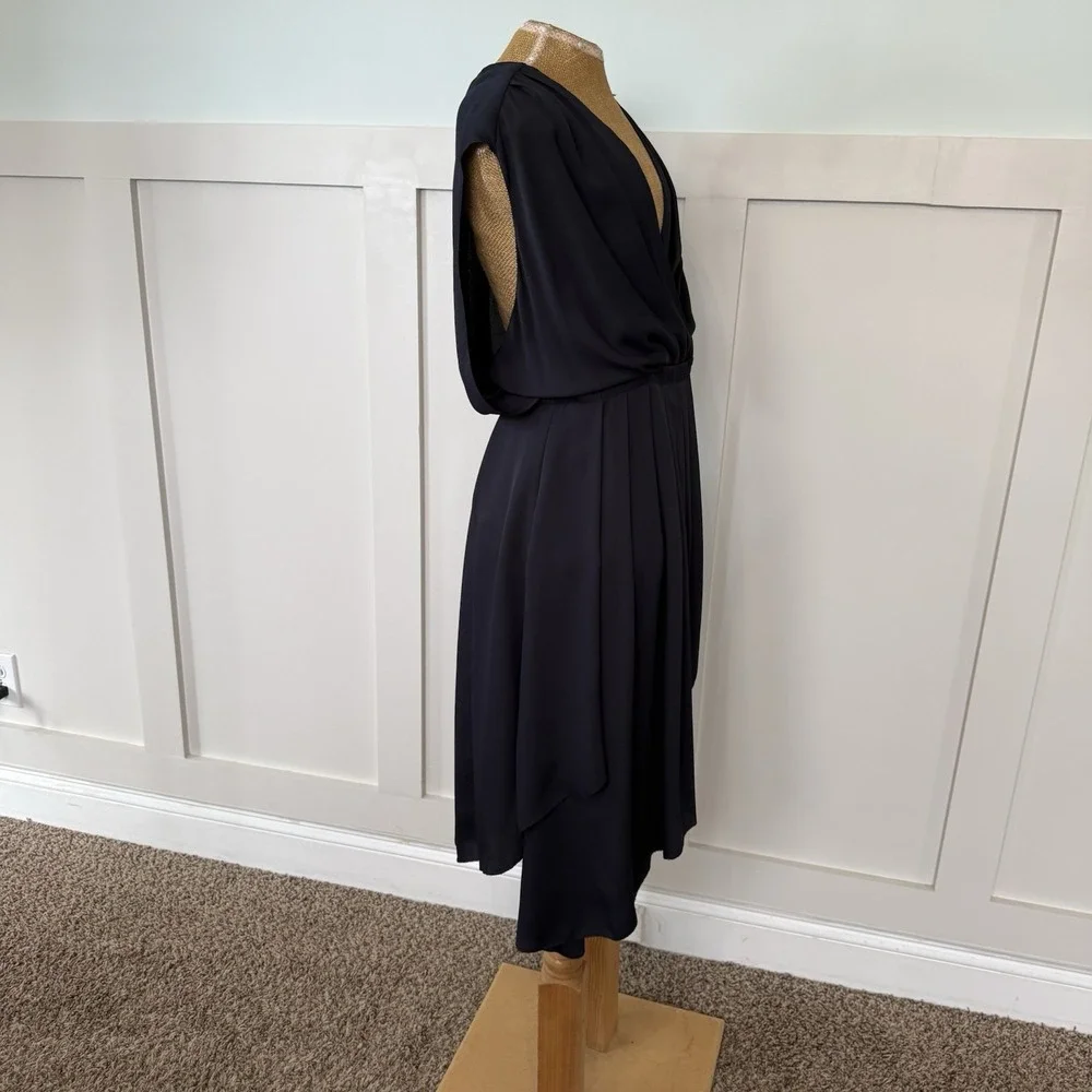 Tory Burch Deep V Neck Asymmetric Midi Wrap Dress 4 Navy Wedding Cocktail Career
